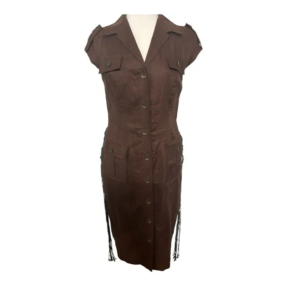 Maggie London, Safari utility dress. Brown Button-Down Dress - Picture 6 of 15